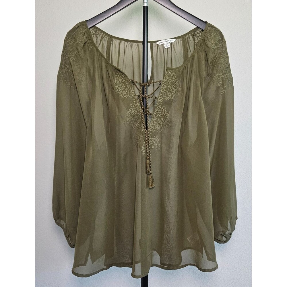 American Eagle Outfitters Womens XL Olive Boho Peasant Blouse Sheer Lace Tie